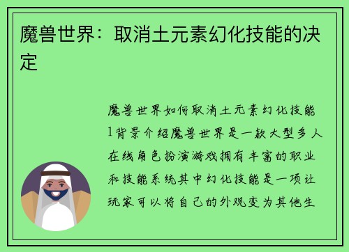 魔兽世界：取消土元素幻化技能的决定